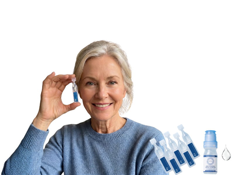 Smiling older woman holding a bottle of Rain Eye Drops
